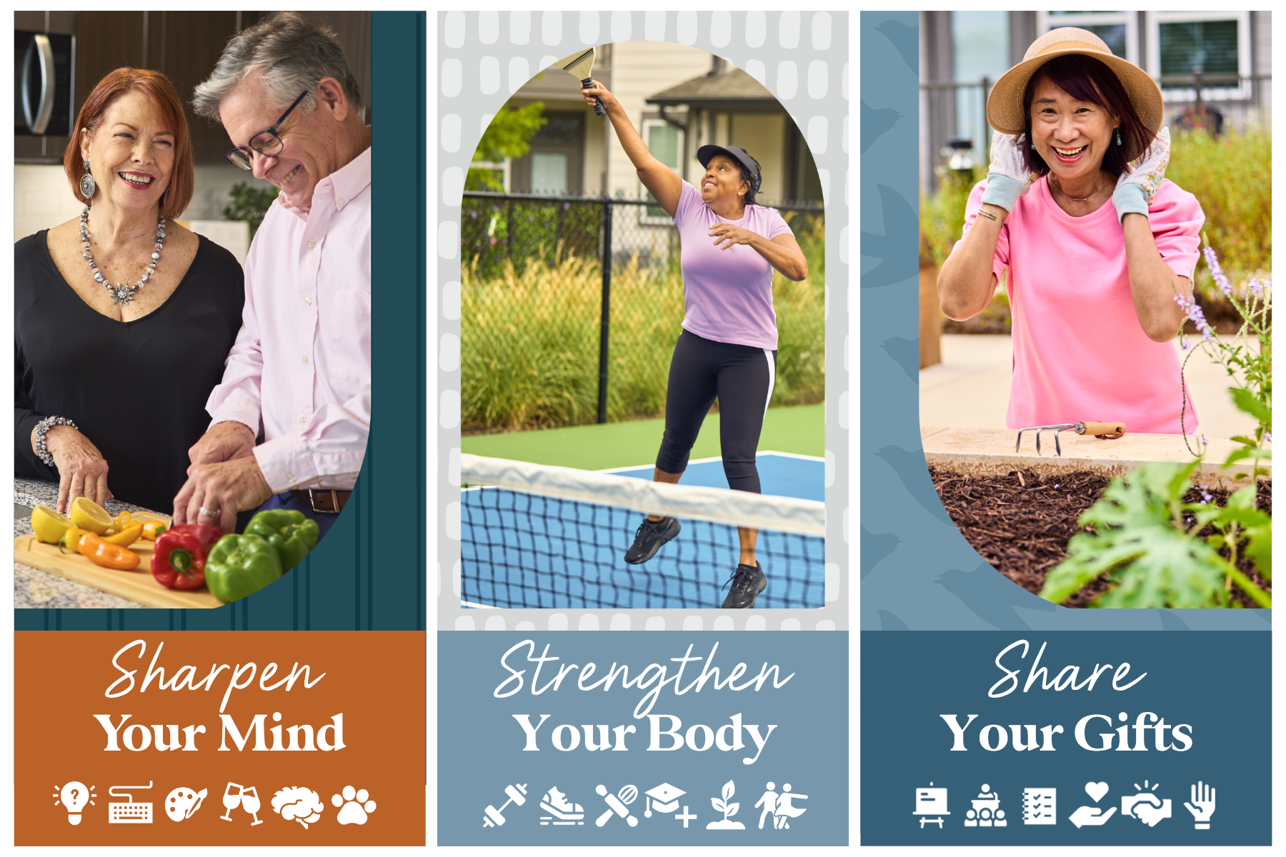 The essence of exceptional living a collage of images of people cooking, gardening, and playing pickleball