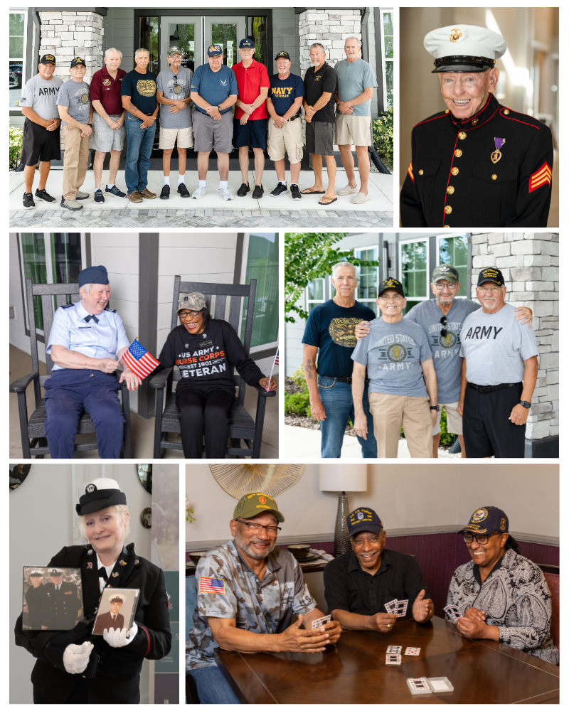 Sparrow residents who are active veterans and active service members A collage of residents spending time together laughing and smiling