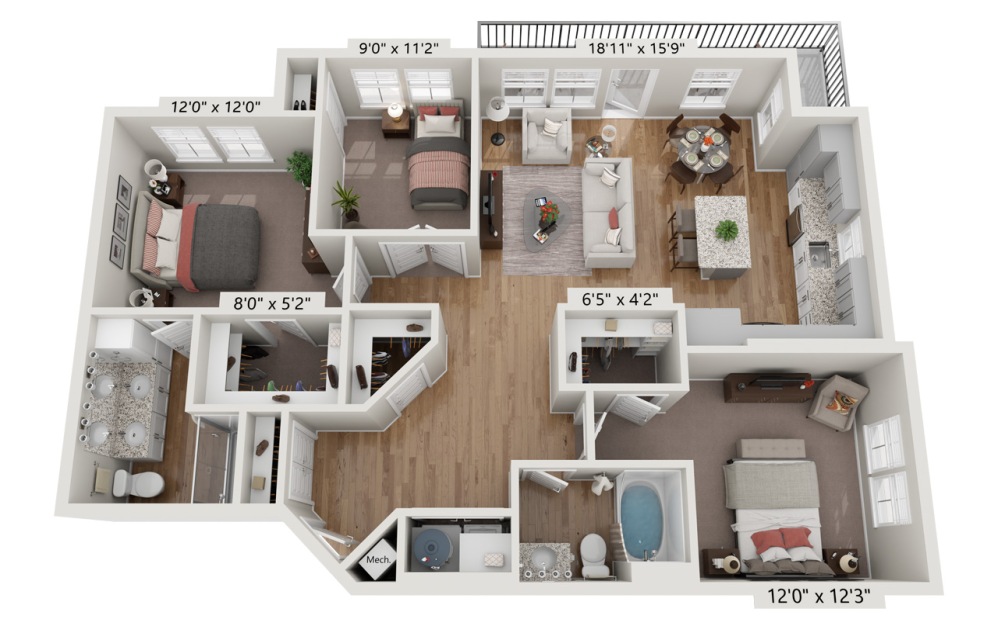 C1 - SAPPHIRE - 3 bedroom floorplan layout with 2 bathrooms and 1285 square feet