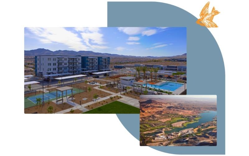 Find your perfect fit at Mera Henderson a collage of images of an apartment complex
